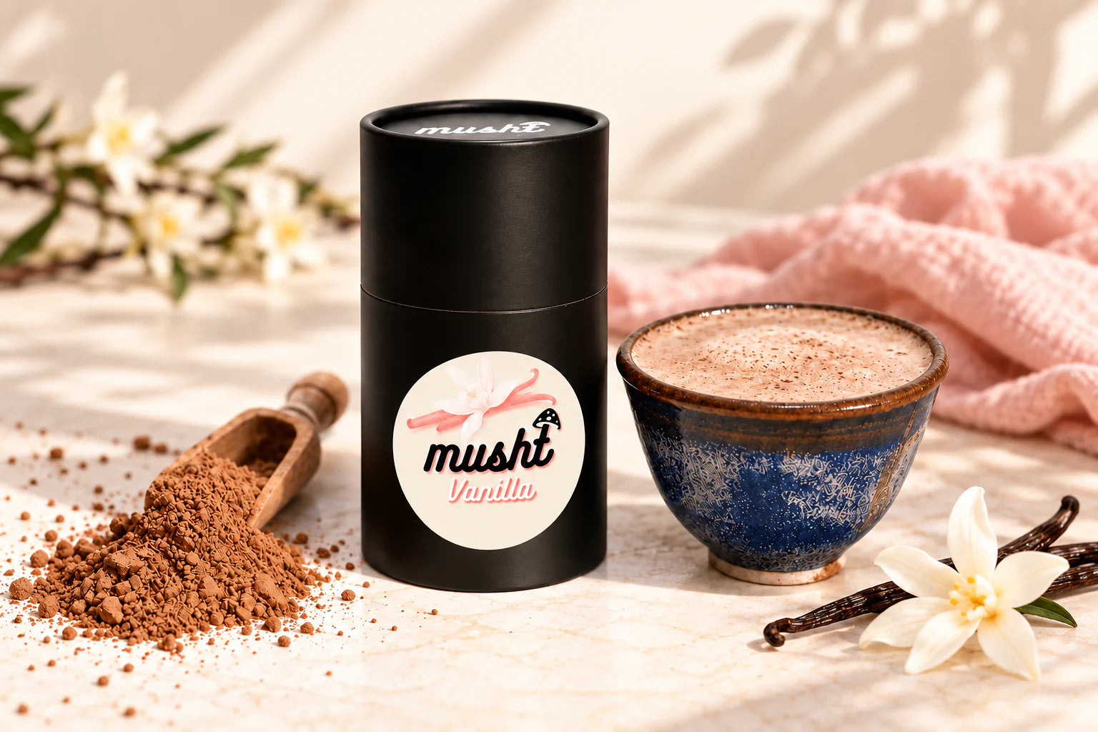 Musht Vanilla pack beside a prepared drink