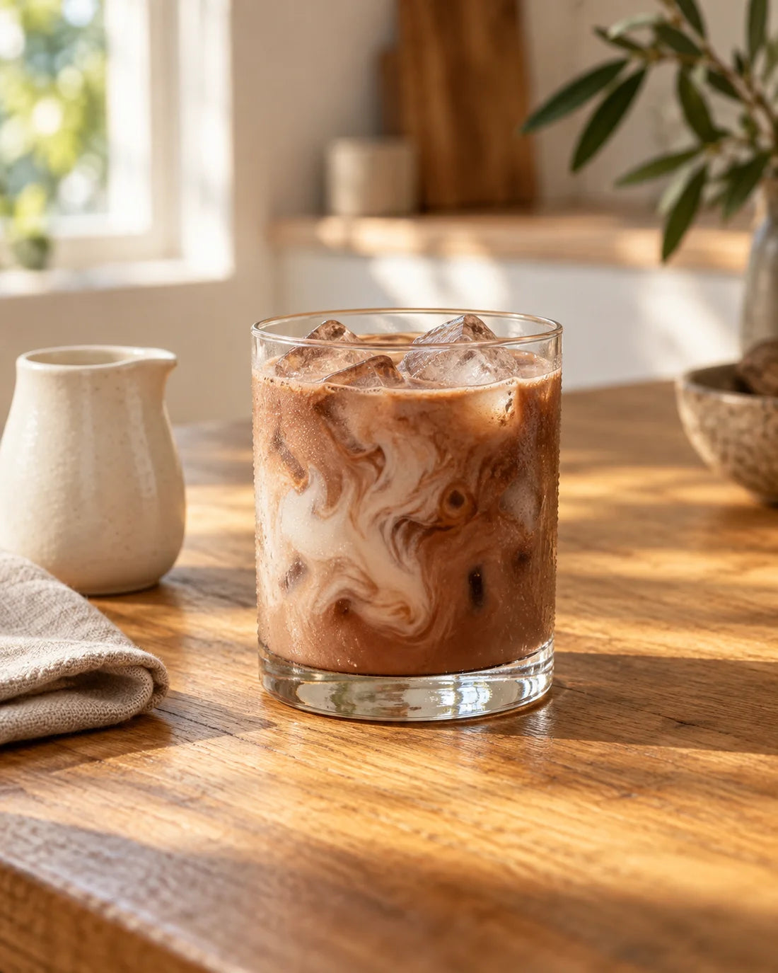 An iced cacao drink with milk and ice