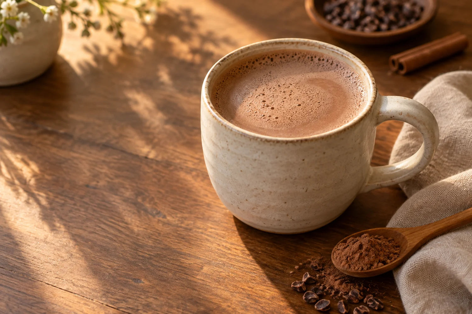 A warm cacao drink prepared in an ivory mug beside a spoon of cacao powder